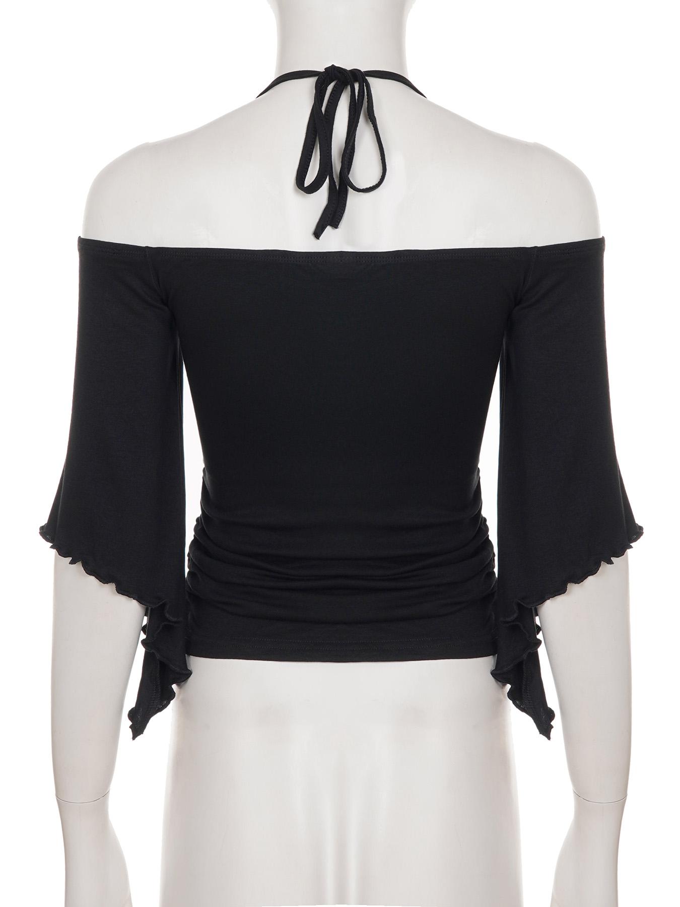 Women's Y2K Style Halter Top with Ring Decoration, Flowy Bell Sleeve, Casual Elegant Classy Retro Slim-Fitting T-Shirt for Dates and Parties