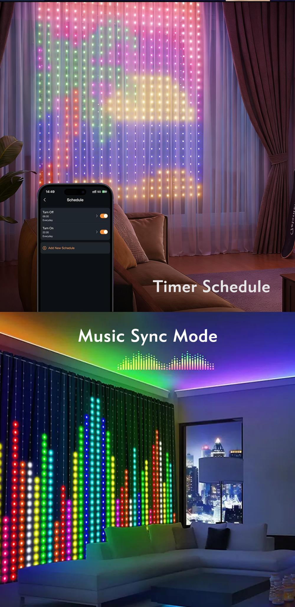 Smart LED RGB Curtain Light, 16 Million Colors, APP Control DIY Pattern & Picture Upload Atmosphere Lamp, IP67 Spherical String Holiday Party Lights For Indoor and Outdoor Window Decoration