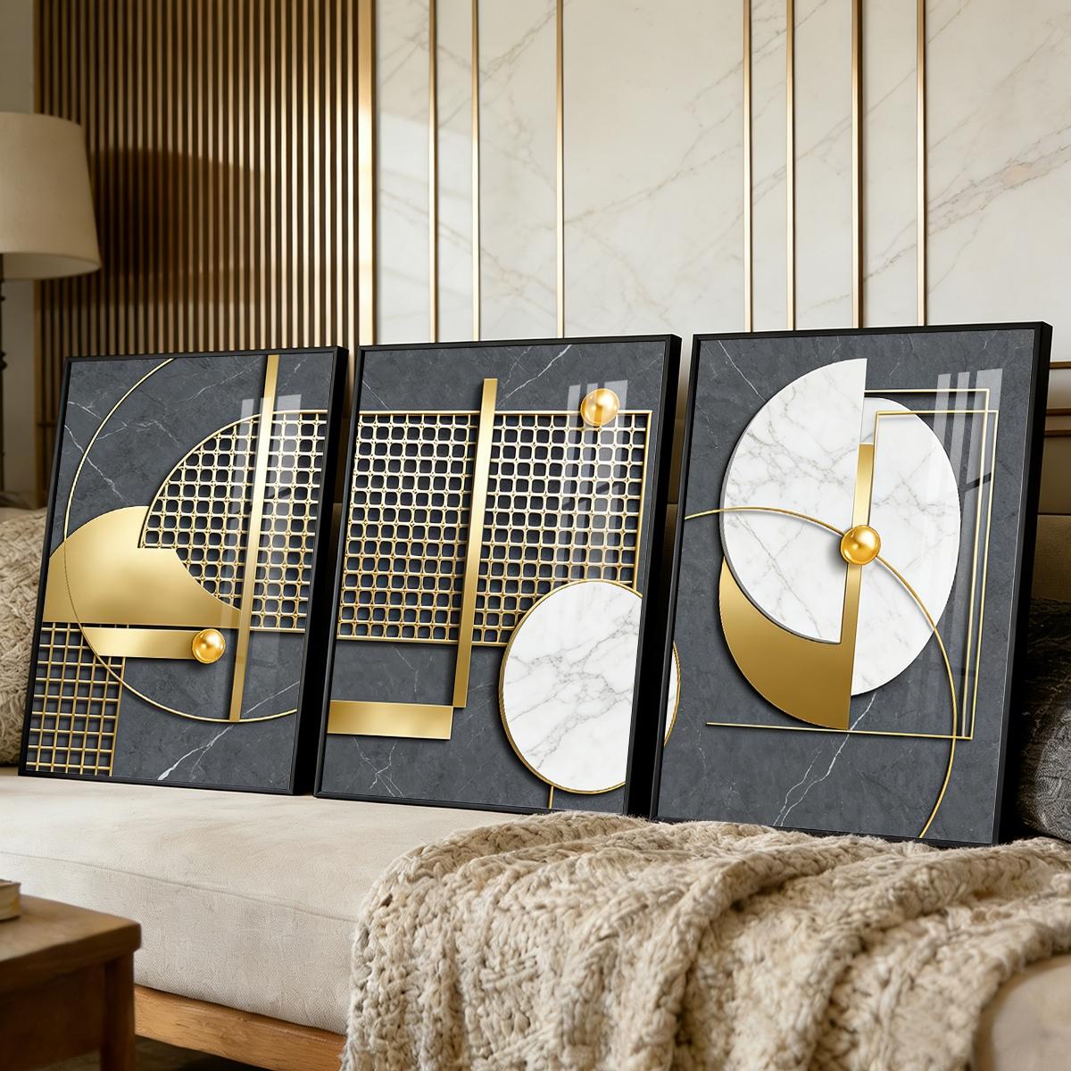 3 Counts Aluminum Alloy Framed Painting, Geometric Gold And Marble Abstract Art, Home Decoration For Living Room, Bedroom, Office, Restaurant, Hallway Wall Decor, Odorless Print Artwork, Luxury Perfect Gift For Friends And Family
