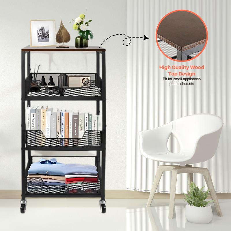 Rolling Fruit Vegetable Basket Stand for Kitchen 4-Tier Storage Cart on Wheels with Wood Top Metal Utility Organizer Trolley Cart for Pantry, Office, Bathroom