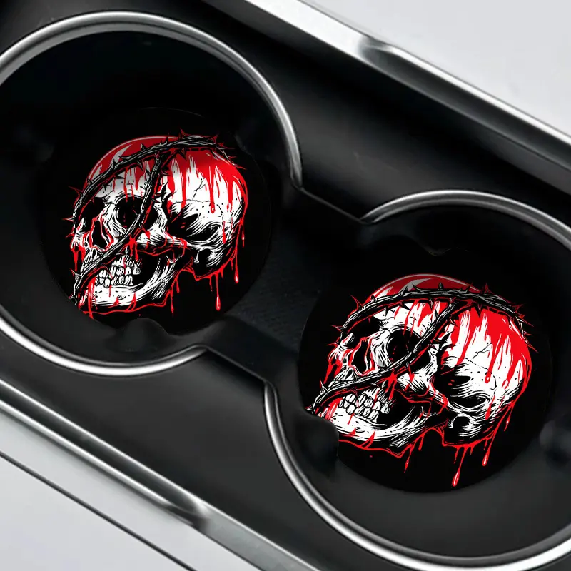 2pcs, Gothic Style Skull Rose Print Acrylic Car Coasters, Waterproof And Non-Slip Drink Coasters, Not Solely Car Interior Additions But Also Suitable for Office Desks, Ideal Choice for Party Decoration, Unisex, Friend Gift
