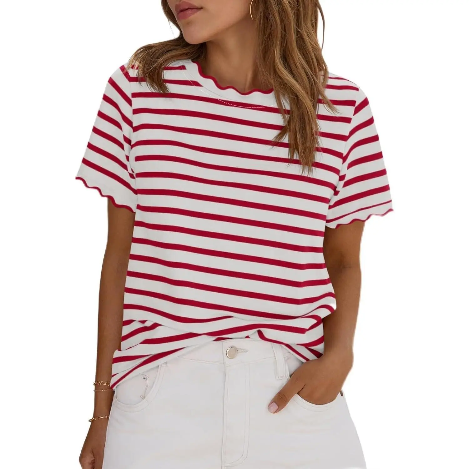 Women's Short-Sleeve Colorblock Striped Scalloped Round Neck Loose-Fit Basic Style Tshirt - Summer Women's Fashion Trending Clothes Top with Colorblock Stripes Adding Bold Contrast, Colorblock Stripes Add Bold Contrast, Premium Fabric Holds Up To Daily We