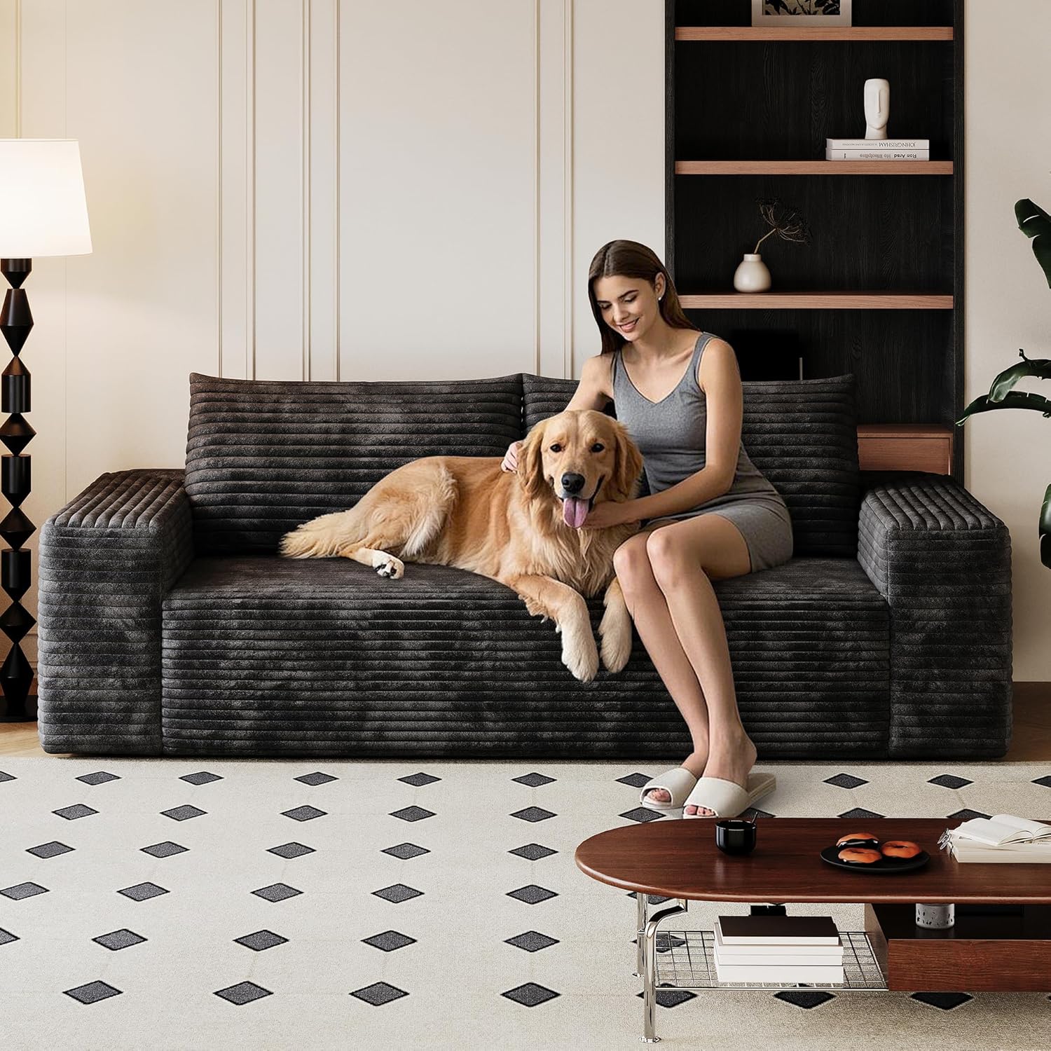 71" Corduroy 3-Seater Sofa, Deep Seat Couch with Pillow, 600 lbs Capacity, No Assembly Required, for Living Room, Apartment, Bedroom (Black)