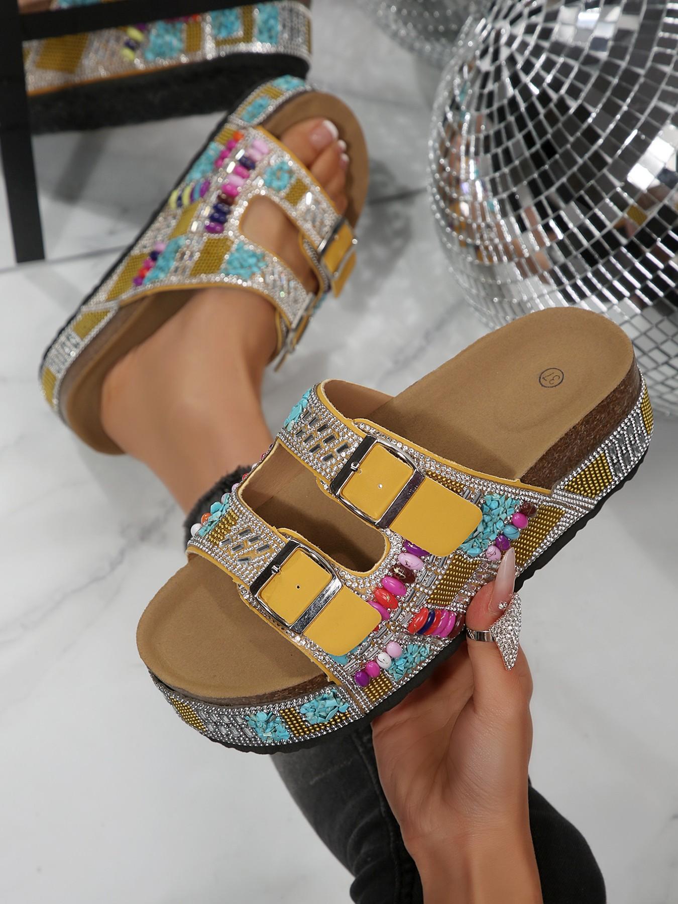 European and American Summer Style Colorful Rhinestone Platform Sandals, Flatform, Bohemian Elegant Fashion Beach Slippers, Glitter Slides, Rubber, Comfortable and Stylish