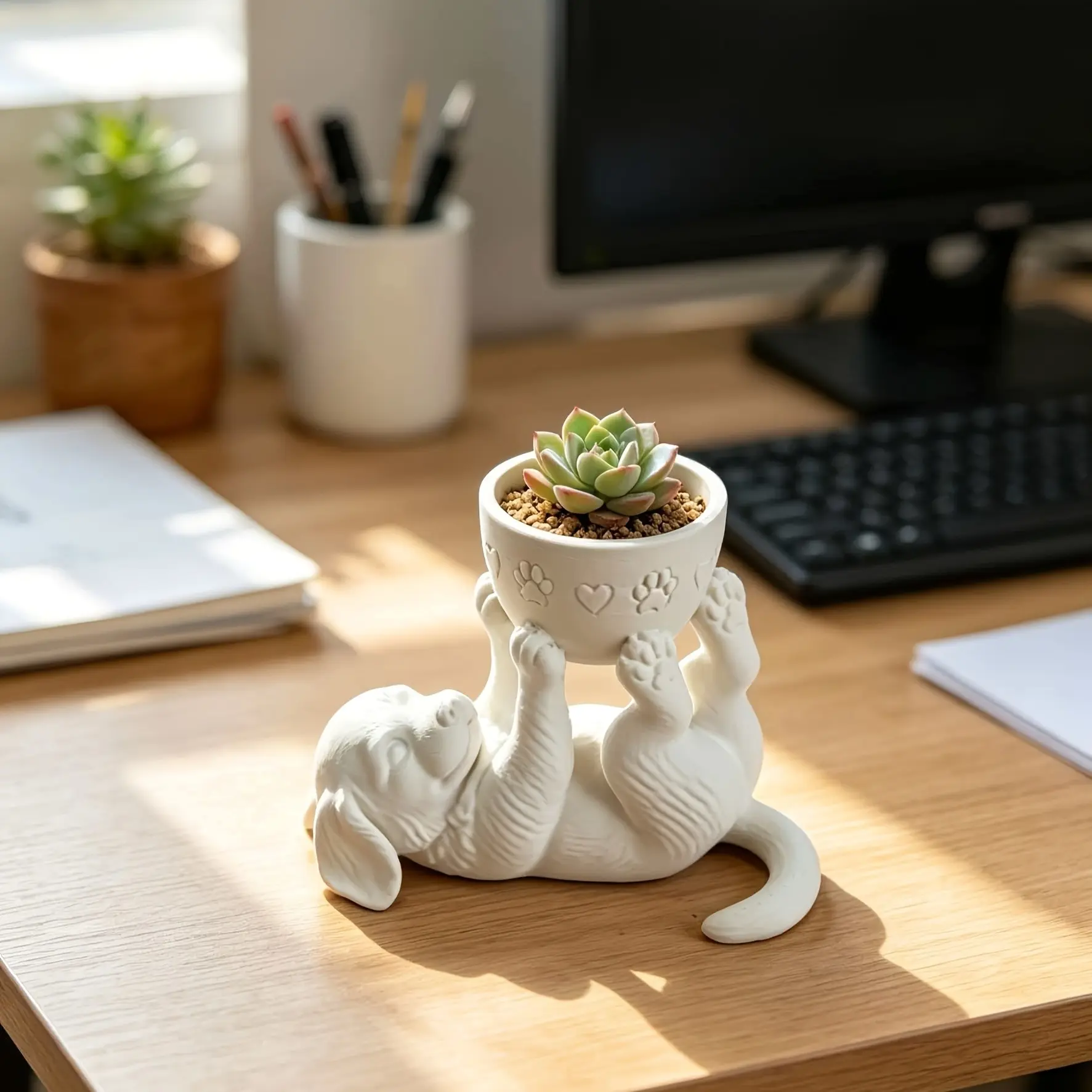 Cute Puppy Design Planter, Heart and Paw Print Embossed Succulent Pot, Fun Home Desk Plant Container, Indoor Outdoor Garden Pot
