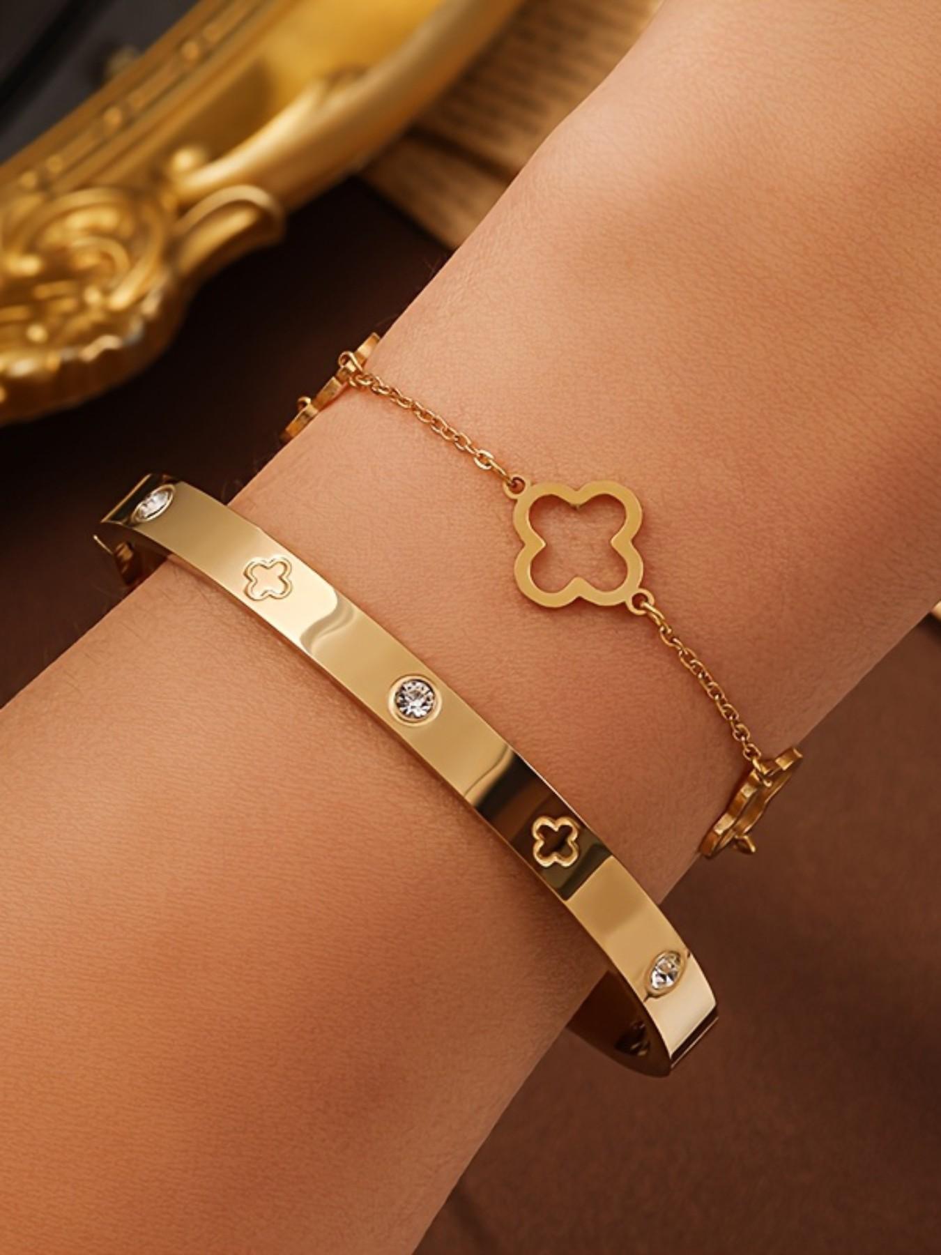 Women's Elegant Four Leaf Clover Design Stainless Steel Jewelry Set, Adjustable Bracelet & Bangle, European Style, Perfect Gift