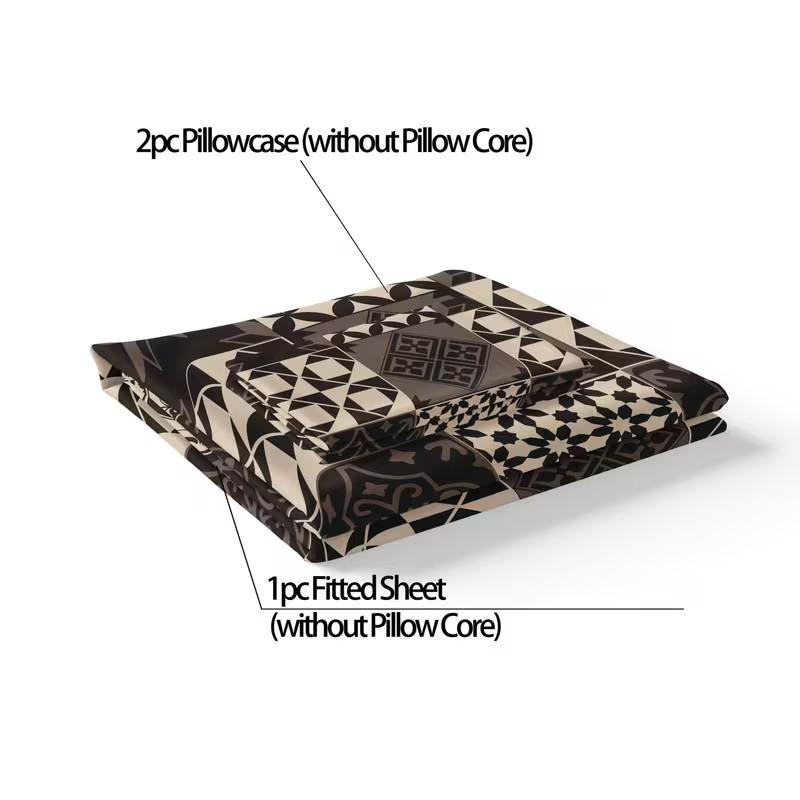 3-Piece Geometric Patchwork Bedding Set, All-Season Mattress Protector, Soft Breathable Deep Pocket Sheet & Pillowcases, Bedroom Decor