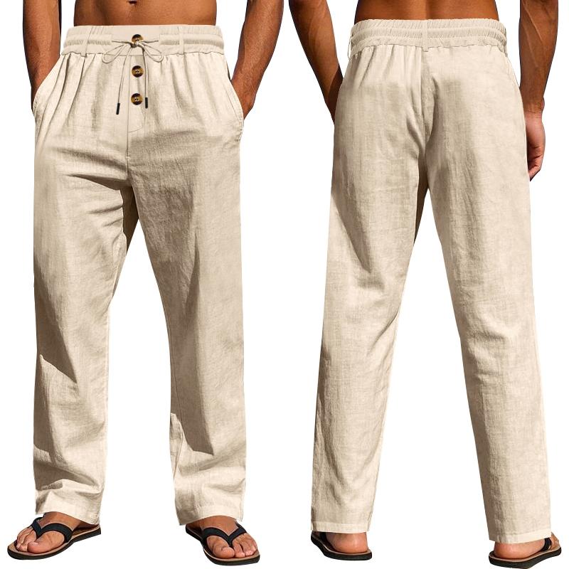 Men's solid - color linen straight - leg pants, drawstring - waist casual long pants with pocket design, loose - fitting wide - leg pants suitable for all seasons, light - washed loose - cut trousers for daily wear, Casual Beach Pants