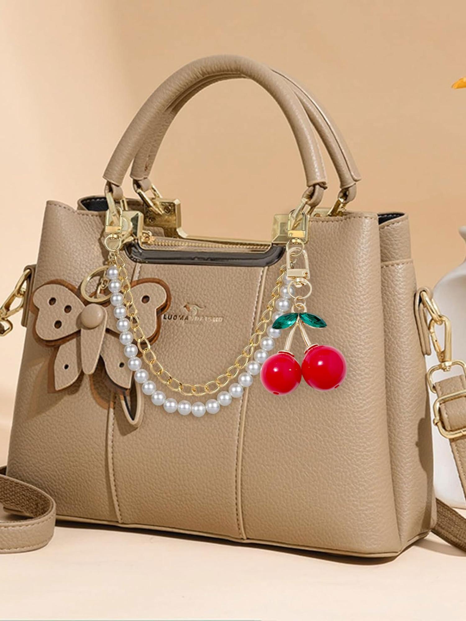 Faux Pearl Purse Chain Bag Charms with Cherry Keychain,Pearl Bag Chain Purse Charms for Handbags Pearl Purse Bag Chain Extender Gold Metal Purse Straps Extender Short Handle Replacement Handbag Strap Bag Purse Accessories Belt Chain Cherry Pendant Keyring