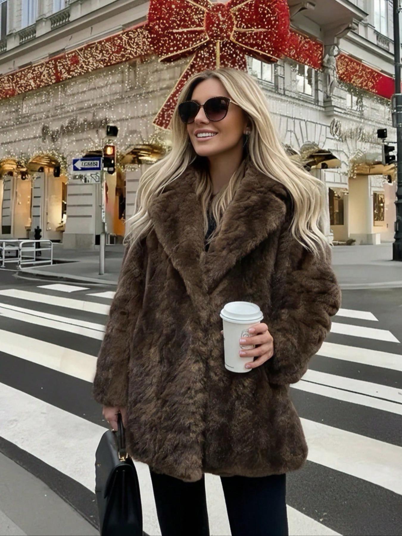 Women's Winter New Soft Faux Fur Jacket Coat, Elegant Vintage Loose Long Sleeve Stand Collar, Daily Fashion Outerwear