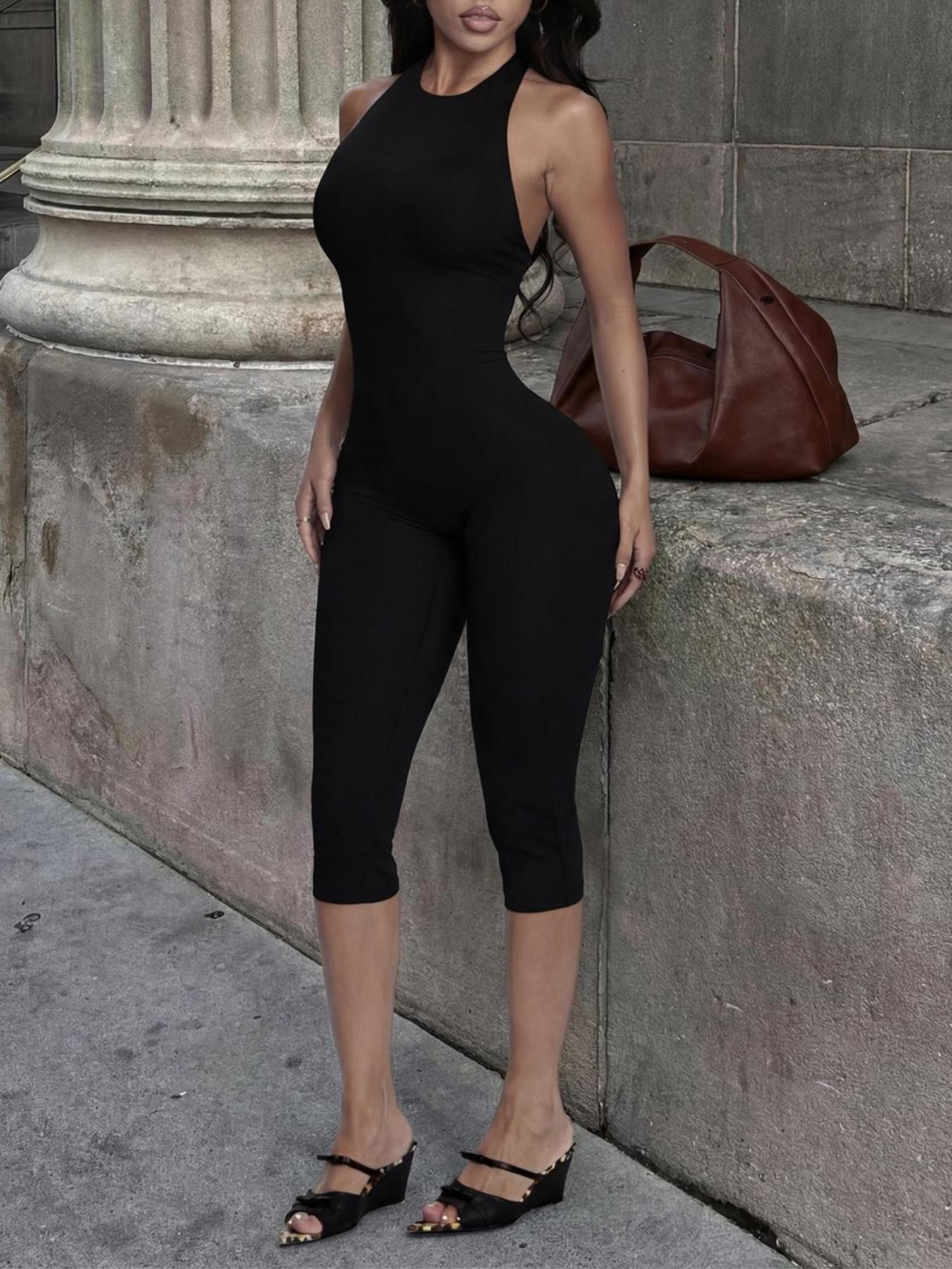 Women Black Halter Capri Nightclub Style Jumpsuit Sleeveless Bodycon One Piece Outfit Sexy Chic Backless Slim Fit Catsuit Casual Stretchy Romper Elegant Going Out Clubwear Yoga Loungewear Sculpting Unitard