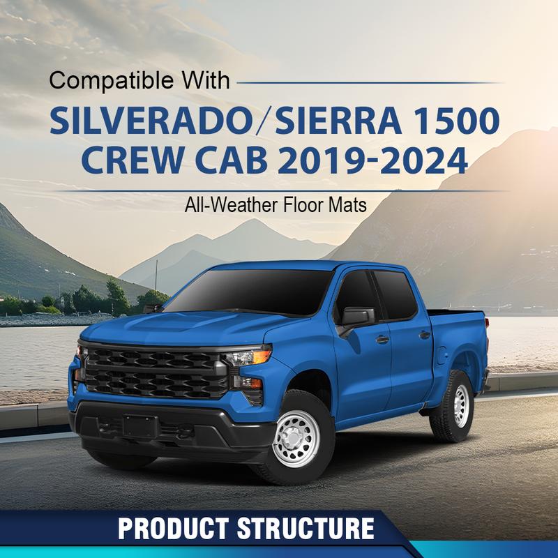 CROSSDESIGN Liners Weatherbeater TPE Floor Mats | Fits 19-25 Chevrolet Silverado/GMC Sierra 1500 2500 3500 Crew Cab Fold Flat Storage | Front & 2nd Row, 3-pc Black