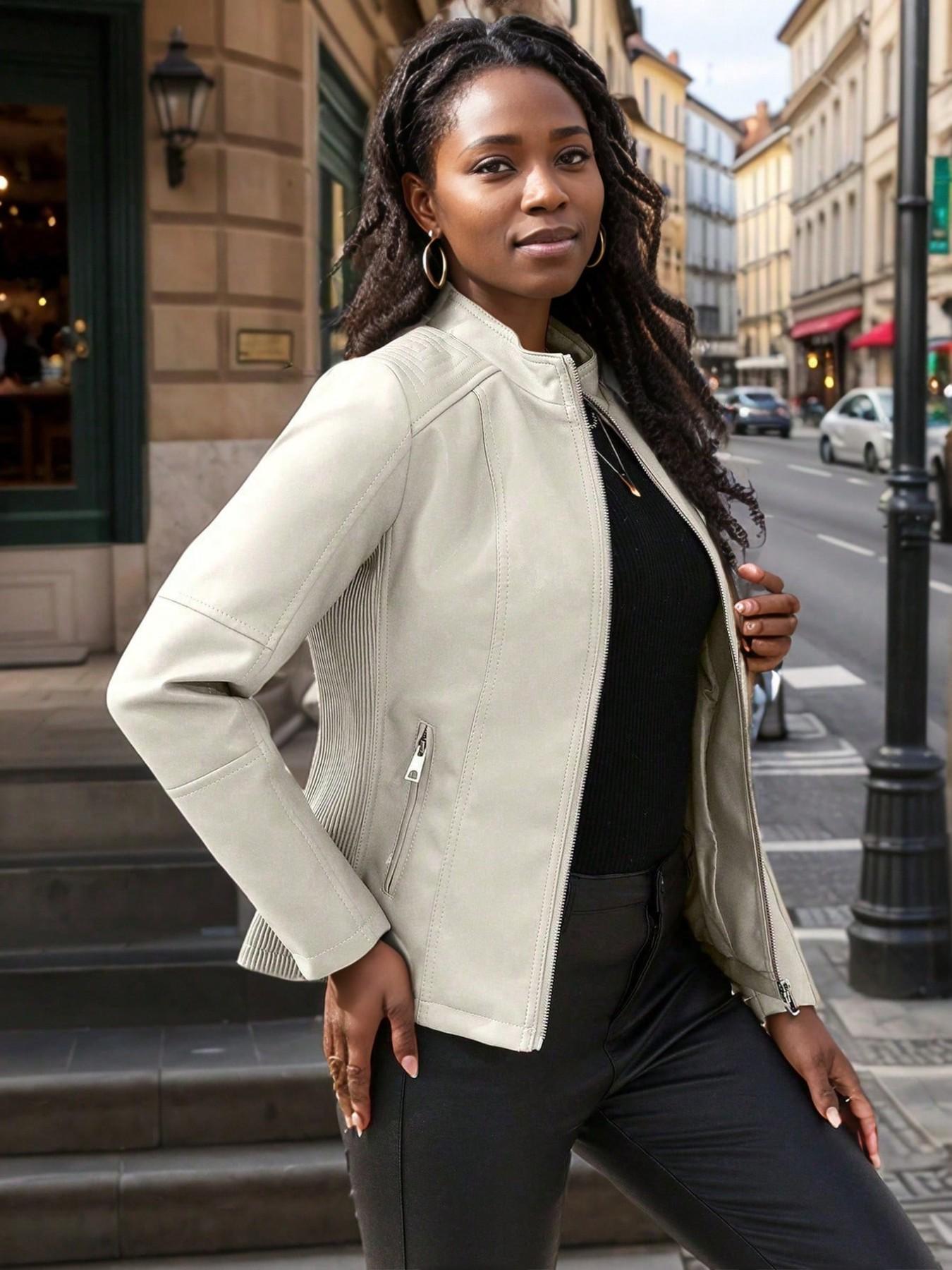 Women's Spring PU Motorcycle Jacket, Fitted Long Sleeve Zipper Pocket Commuter Streetwear, Casual Short Windproof Leather Coat