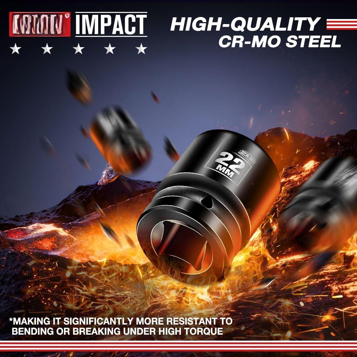 1/2" Drive 22mm Shallow  Socket, 6-Point Metric Socket, CR-MO Steel & Anti- Coating for Tight Spaces and Heavy-Duty Tasks
