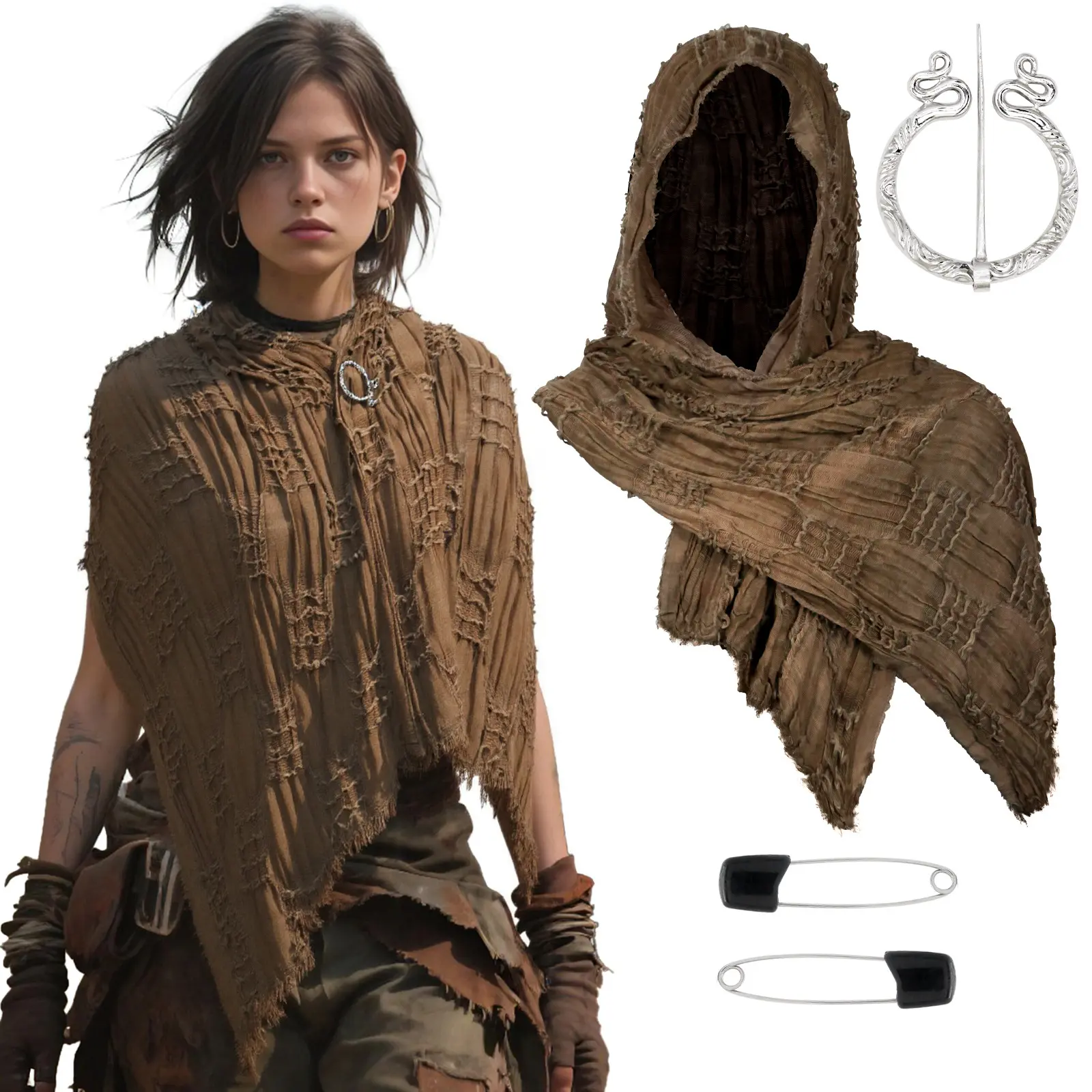Effortless Brown Hooded Cowl Scarf Set Distressed Frayed Edge Head Wrap Shawl Vintage Silver Snake Brooch Pin Black Safety Pins Wasteland Nomad Post Apocalyptic Rogue Sorcerer Costume Accessories Halloween Cosplay