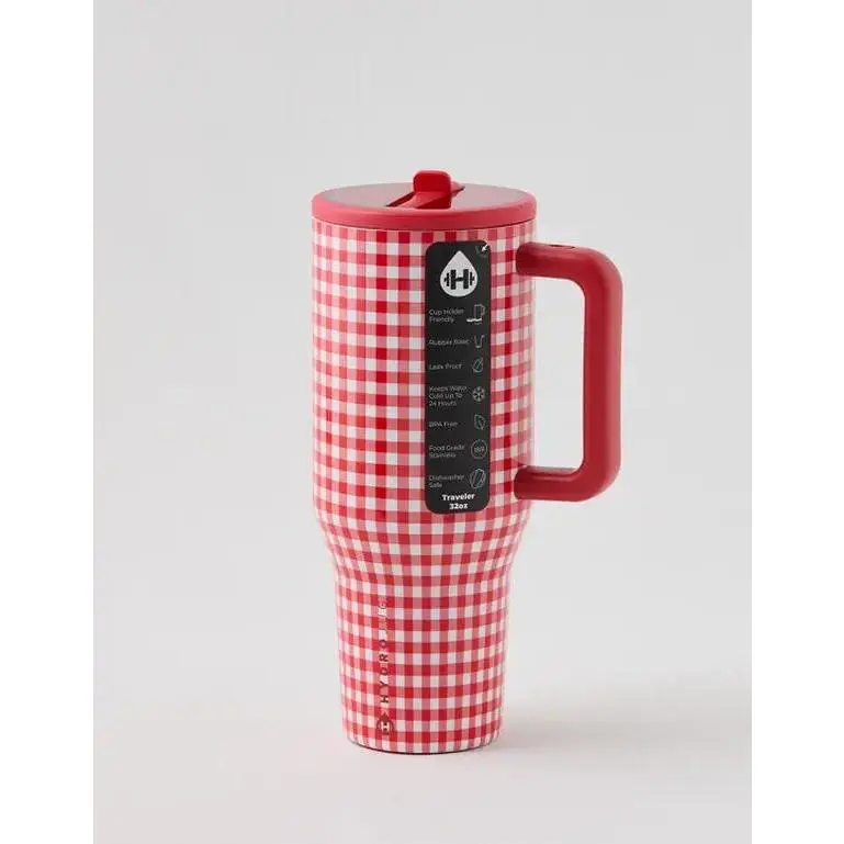 HydroJug Traveler "Red and White Checkered Series" 40oz Stainless Steel Insulated Water Bottle! This portable insulated water bottle comes with a straw, a leak-proof design, and a non-slip rubber pad on the bottom. Perfect for dates, school, and sports.