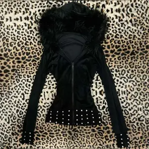 Women's Gothic Aesthetic Sweatshirts Autumn Winter Fur Collar Hoodie Slim Chic Design Cardigan Sweatshirt 2000s Harajuku Clothes
