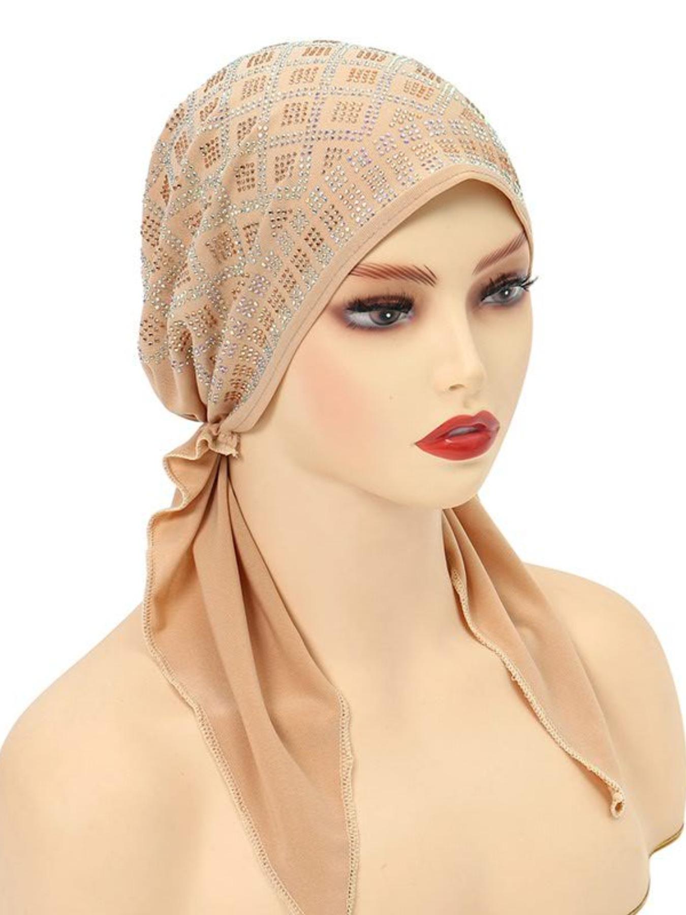 Women's Elastic Turban Hat, Soft Solid Color Diamond Casual Hat, Hijab Headwrap Inner Cap Bonnet, Ideal for Outdoor Use