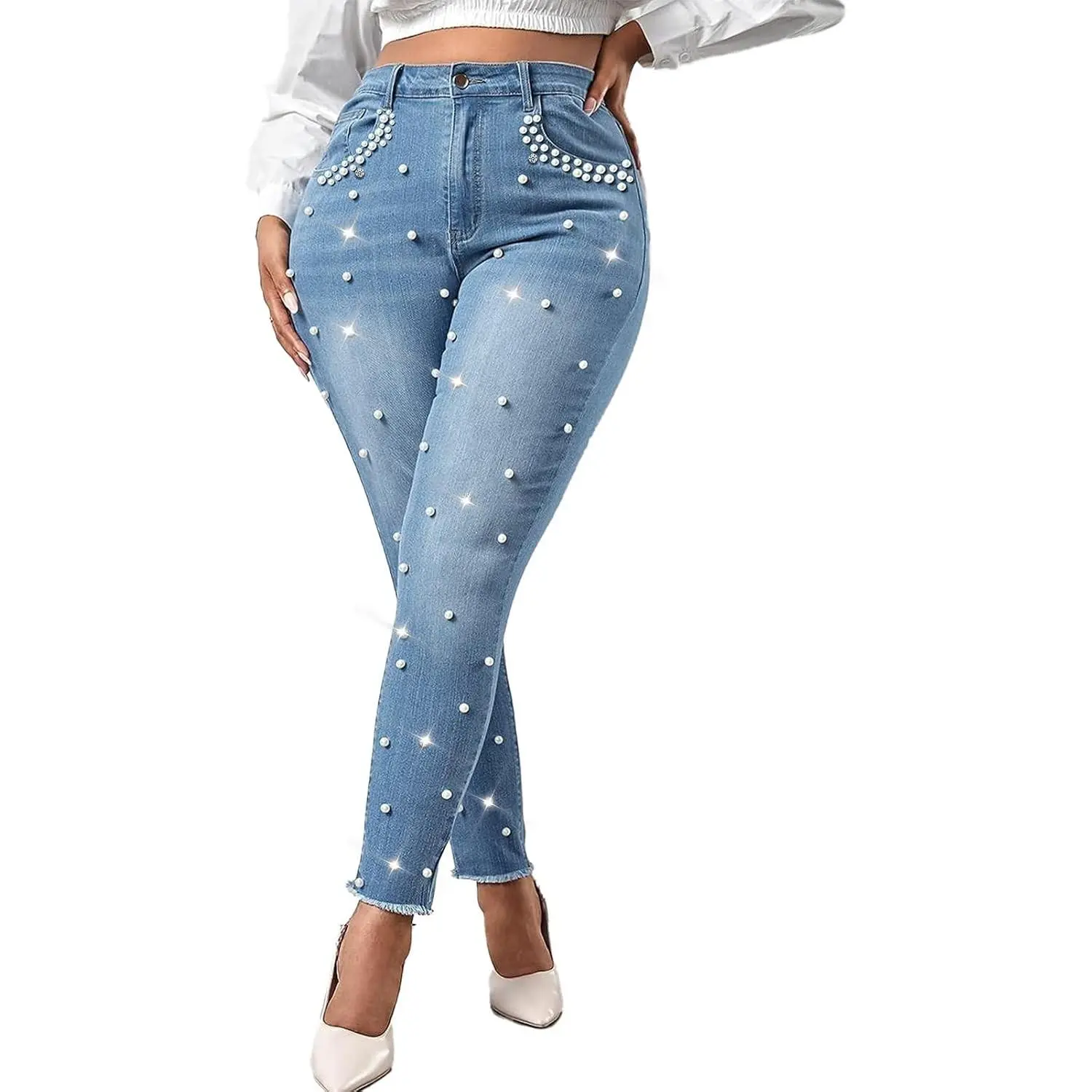 Womens Stretch Skinny Mid Rise Pearl Embellished Jeans(Gift)