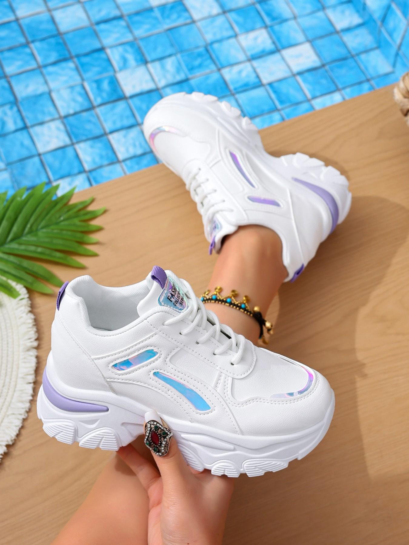 Women's Colorblock Chunky Sneakers | White Pink Casual Platform Shoes | Comfortable Breathable Height Increasing Trainers for Ladies | Trendy OOTD Streetwear Sneakers for Four Seasons.