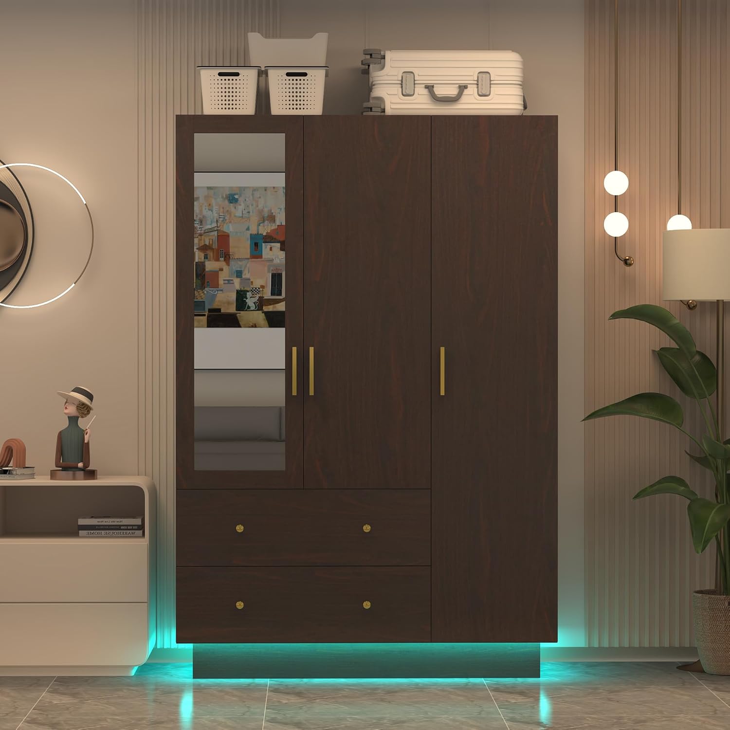 3 Doors Armoire Wardrobe Closet with Mirror, LED Armoire with Doors and Drawers, Wooden Armoire Storage Cabinet with Hanging Rod, Adjustable Shelves, (White/Black/brown) 3 Doors Armoire Wardrobe Closet with Mirror, LED Armoire with Doors and Drawers, Wooden Armoire Storage Cabinet with Hanging Rod, Adjustable Shelves, (White/Black/brown)