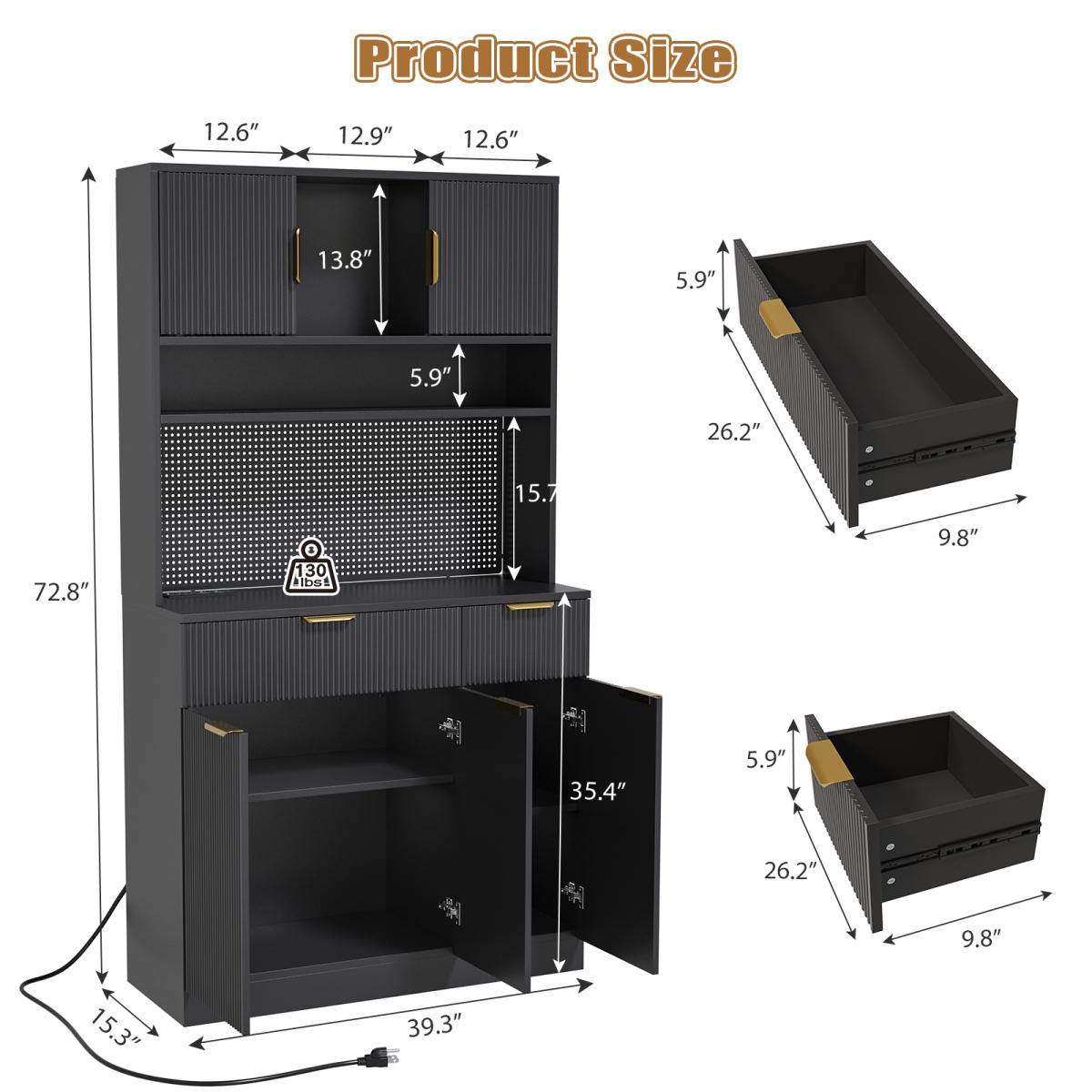 Aobtkel 73" Rectangular MDF Wood Fluted Texture Kitchen Pantry Cabinet - Single Unit with Storage, Charging Hub Station, DIY Pegboard Includes Kits, Anti-Tip Base for Living Room Microwave Stand Hutch, Black, Pantry Organization