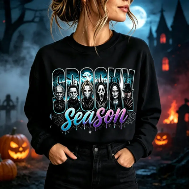 Neon Horror Halloween Hoodie Retro Scary Movie Graphic Hoodie Vintage Horror Character Hoodie Spooky Season Fall Hooded Sweatshirt