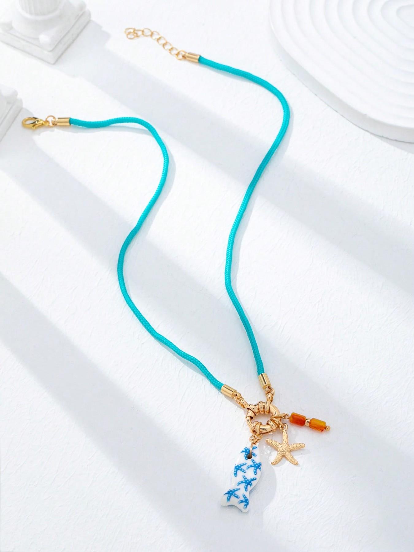 4 Pc Summer Bohemian Boho Unique Aesthetics Versatile Starfish Pendant Handmade Turquoise Stone Beaded Layered Necklace, Carabiner Locket Necklaces with Fish Coral Charms, Beach Vocation Jewelry Accessories