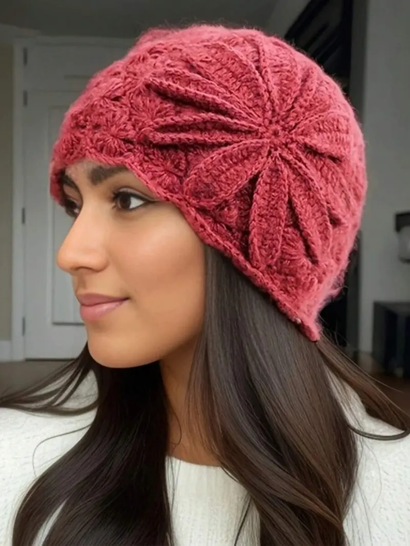 Vintage Floral Crochet Hat, Elegant Women's Knit Cap, Hollow Out Breathable Design, Fashion Accessory for All Seasons, Knitting Beanie, Knitted Cap, Casual Headwear