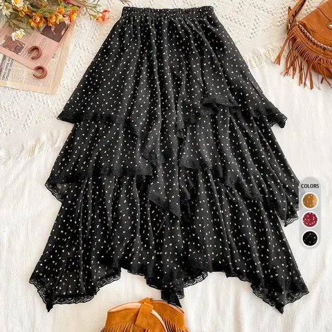 Women's All Over Print Contrast Lace Ruffle Trim Ruffled Hem Tiered Layer Fitted Skirt, Chic Elegant Skirt, Boho Elastic Waist Long Skirt, Bohemian Skirt for Daily Holiday Vacation Wear, Ladies Bottoms for All Seasons