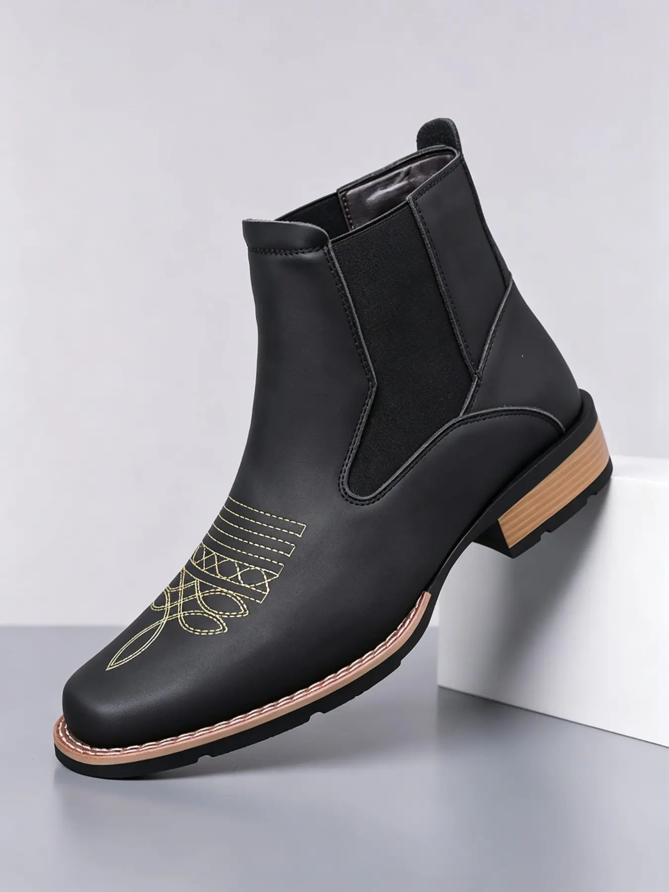 Men's Vintage Western Style Embroidered Chelsea Boots, Elastic Cuff Square Toe Thick Sole, Casual Cowboy High Top Shoes, Sizes 39-48