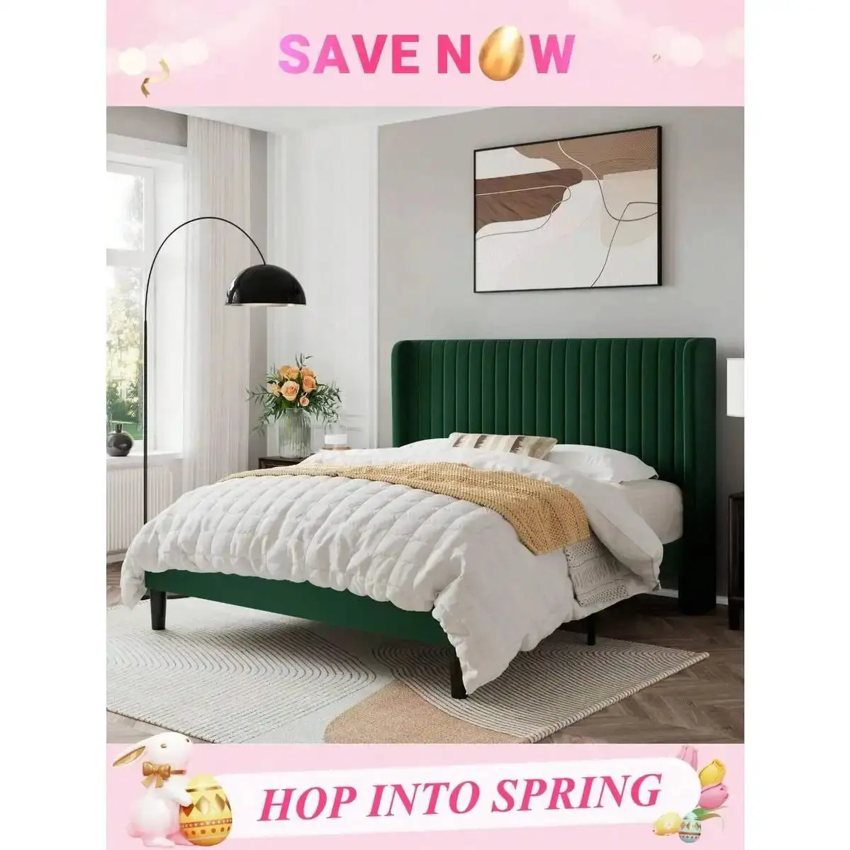 Allewie Full/Queen/King Size Velvet Bed Frame/Vertical Channel Tufted Wingback Headboard/Upholstered Platform Bed/Strong Wooden Slats/No Box Spring Needed/Easy Assembly/Blue/Black/White/Green/Teal/Pink/Grey * Bed Frame Queen Queen Bed Frame Bed Frame Full