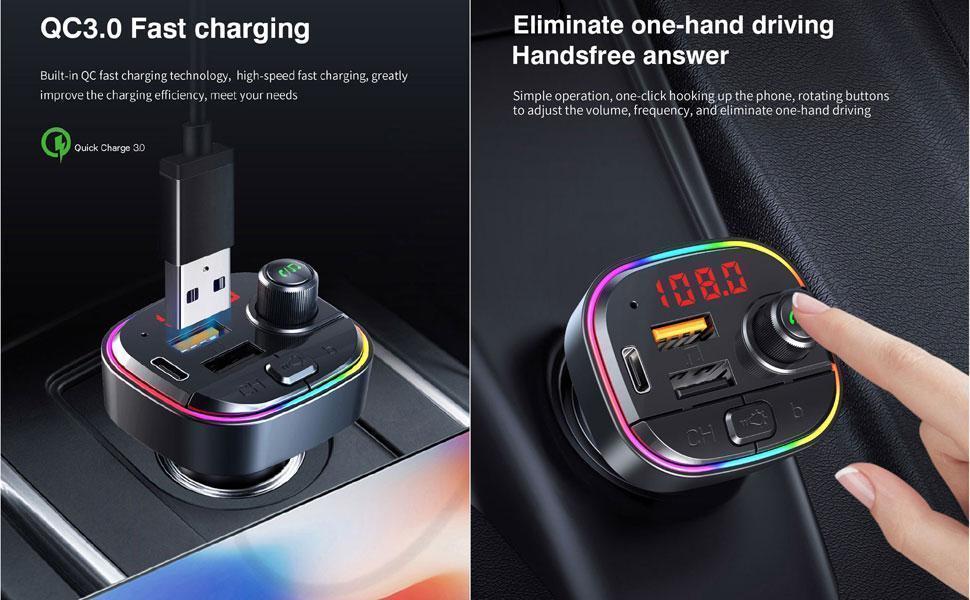 Black Car Bluetooth FM Transmitter Car Accessories - 12V-24V Vehicle Adapter with 3 USB Ports, 18W, BT5.0 Stable Link, 6 Visual EQ Modes, 5V/1A USB Flash Drive Support, Hands-Free Calling, 7-Color LED Backlit, TF Card Compatibility, MP3 Player