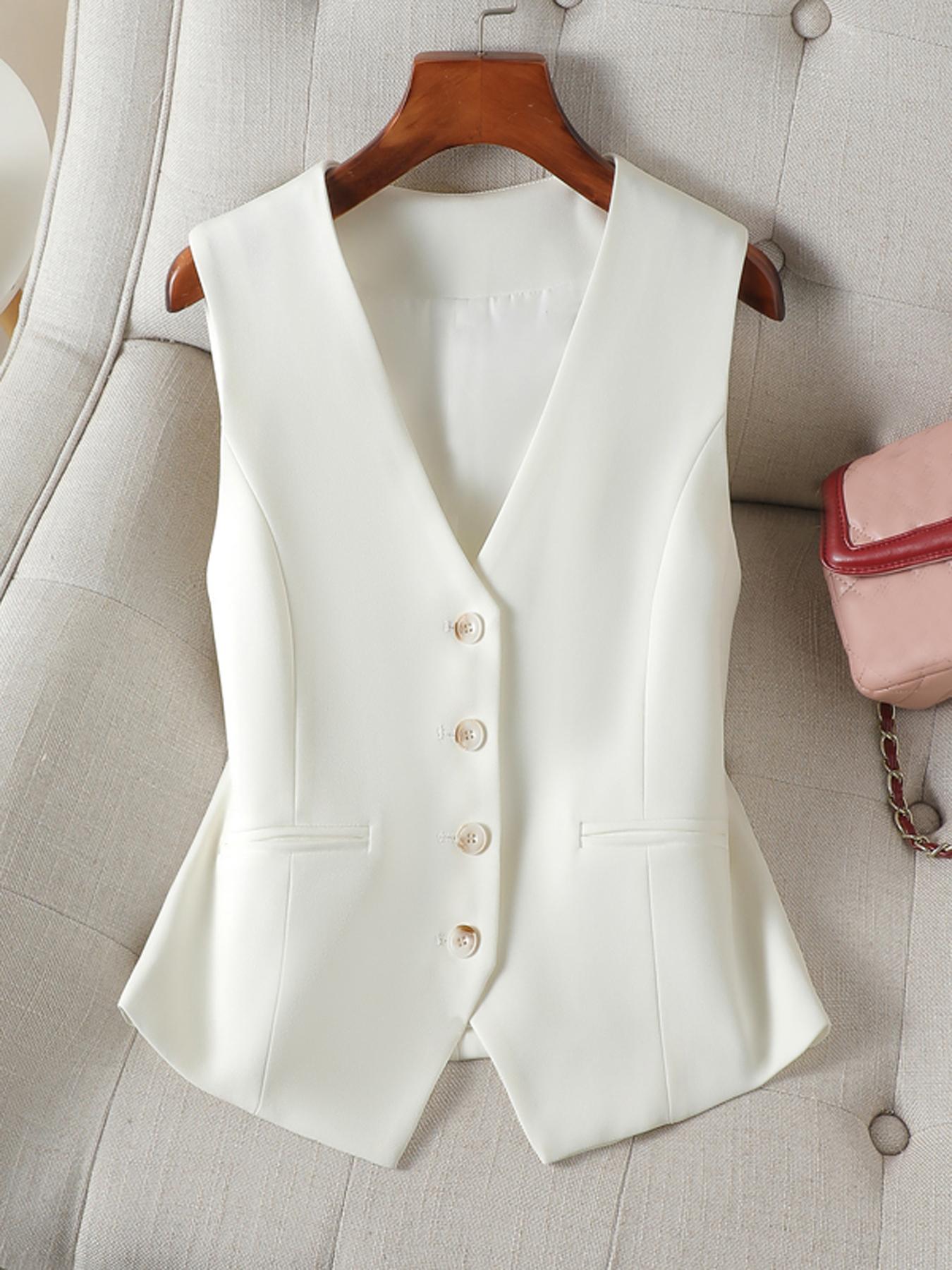 Women's Solid Button Front Vest Blazer, Elegant V Neck Pocket Suit Vest For Work Office Business, Ladies Spring & Fall Clothes, Modern Easy Wear