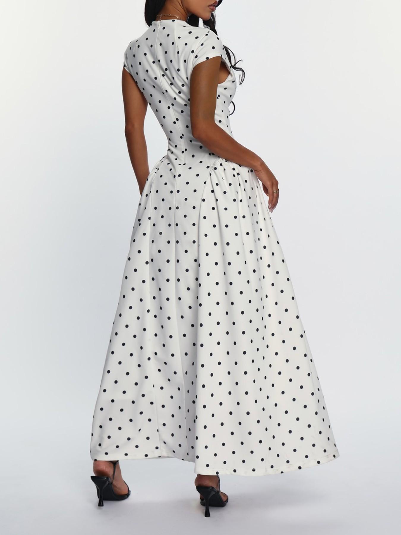 White Polka Dot Cap Sleeve Maxi Dress Women Round Neck A-Line Full Skirt Elegant Boho Formal Party Dress Wedding Guest Outfit Summer Going Out Fashion, Wedding Guest Dresses, Womenswear