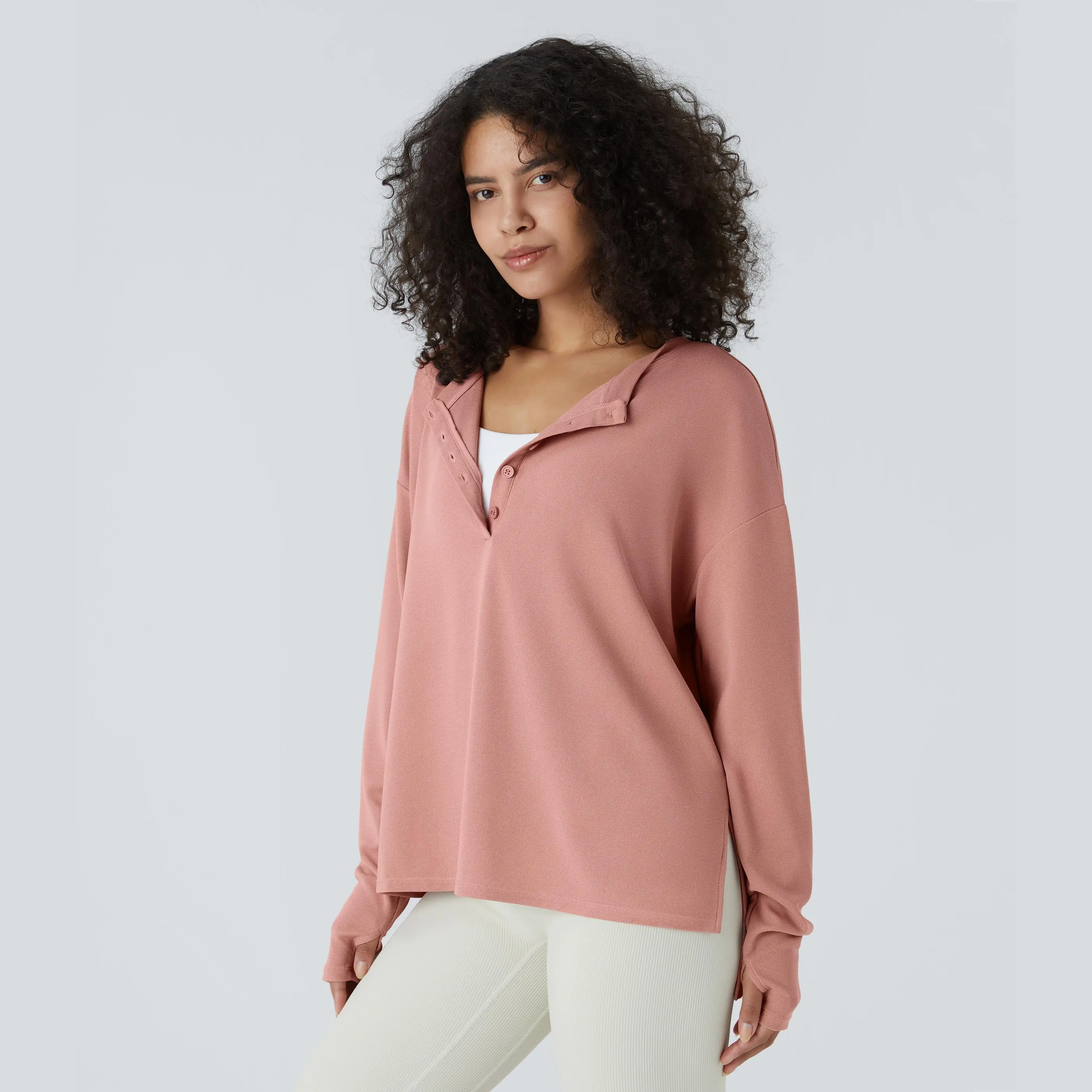 Halara Button Front Thumb Hole Split Waffle Casual Sweatshirt #BackToSchool