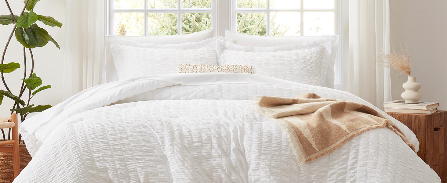 Queen Comforter Set Oatmeal, 7 Pieces Seersucker Textured Luxury Bed in a Bag Queen, All Soft Bedding Sets with Down Alternative Comforter, Sheets, Pillowcases & Shams, Bedroom Bed Set