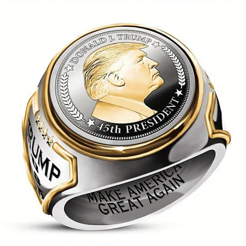Trump President Ring - Vintage Two-Tone Zinc Alloy Men's Ring Featuring Portrait of US President and Inspiring Quotes engagementrings promise rings wedding ring set nugget ring engagement ring Custom Jewelry