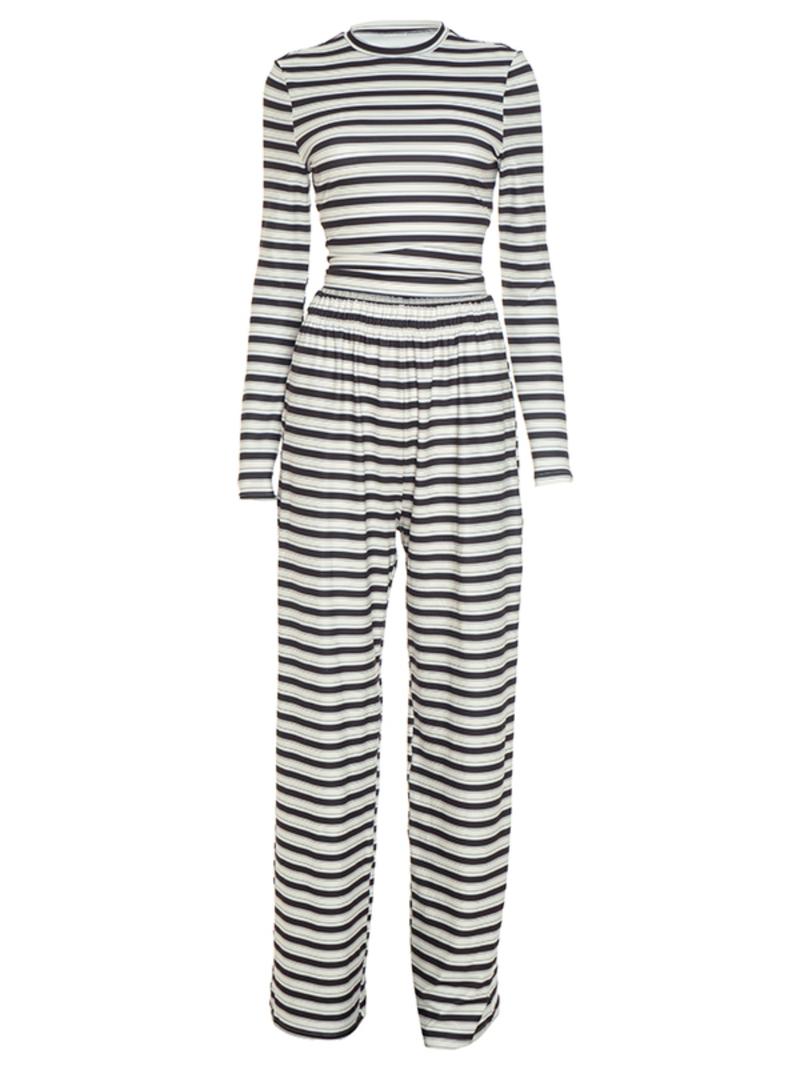 Women's Fashion Comfortable Slim Fit Striped Long Sleeve Top and Loose Pants Set, Casual Two-Piece for Daily Wear,Women's Fashion Comfortable Slim Fit Striped Long Sleeve Top and Loose Pants Set, Casual Two-Piece for Daily Wear,Airport Outfit