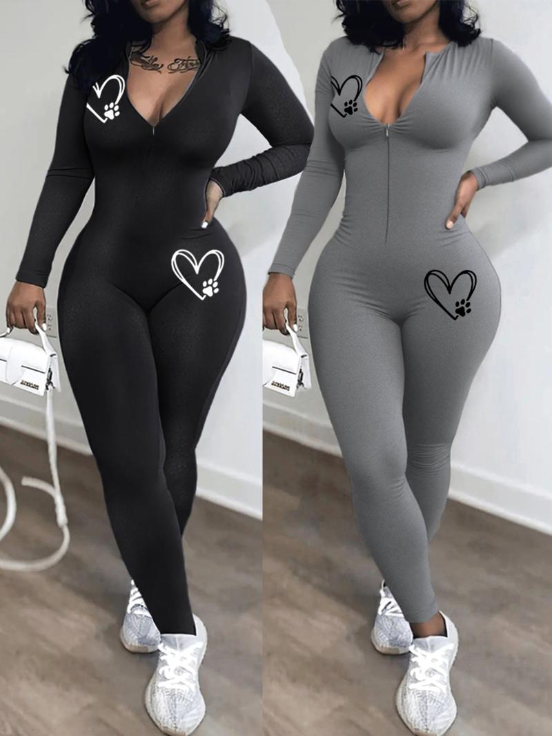 Women's Plain Tight-Fit Zipper Jumpsuit, Long Sleeve Casual Romper, Spring & Fall Fashion, Comfortable One-Piece