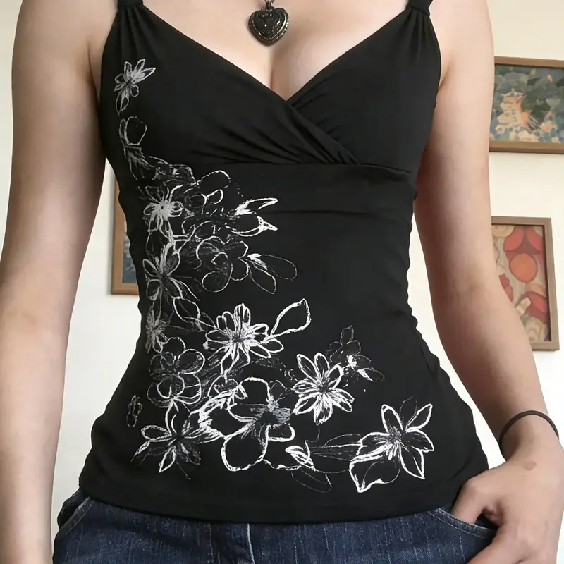 Vintage Dark Floral Print Summer New Casual Fashion Sleeveless Everyday Top Tank Camisole Tops Cami Top for Girls, V Neck Y2K Aesthetic Tie Waist Slim Fit Short Halter Blouse Womenswear Casual Comfy Cami