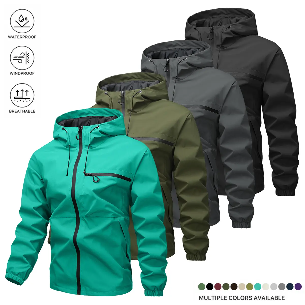 Multi-color outdoor windproof, water-repellent hooded mountaineering jacket; water-repellent fabric; windproof, breathable multi-color workwear mountaineering hardshell jacket