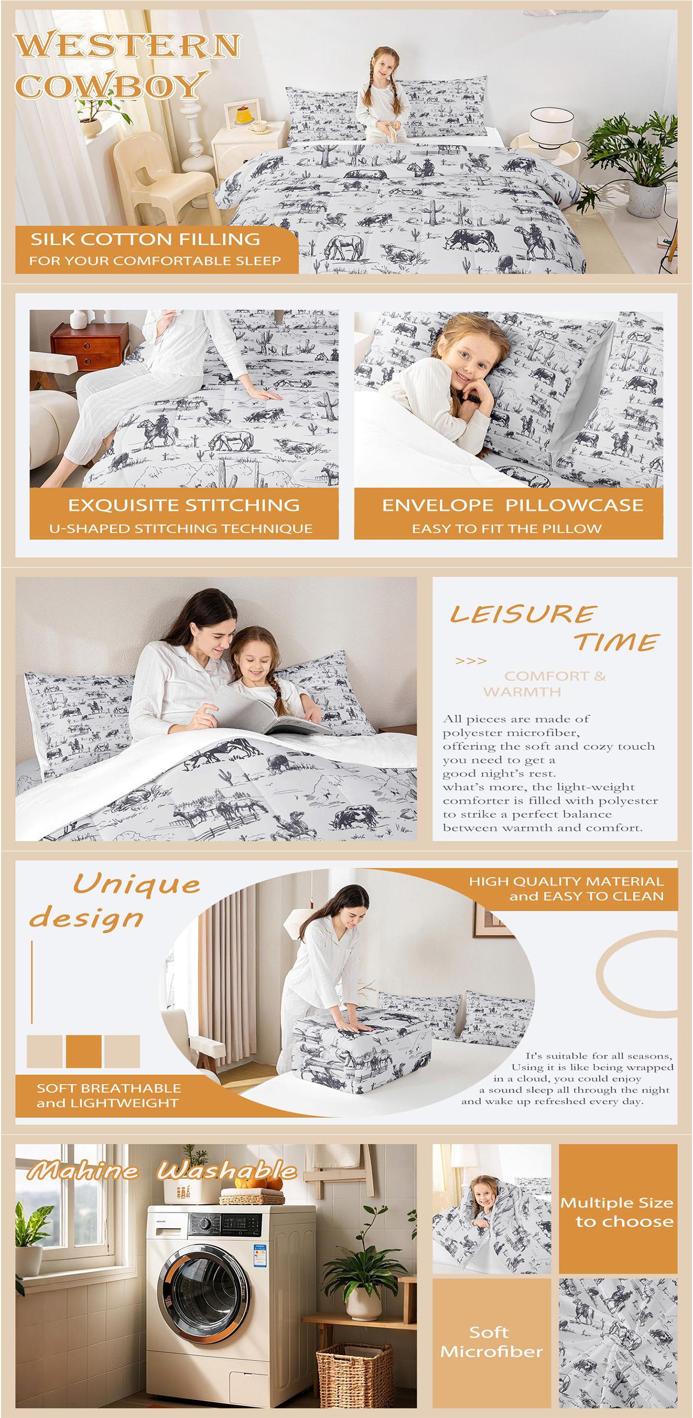 Western Comforter Set, White and Black Cowboy Cow Bedding Set, Cowboy Comforter Desert Cactus Bed Comforter Set