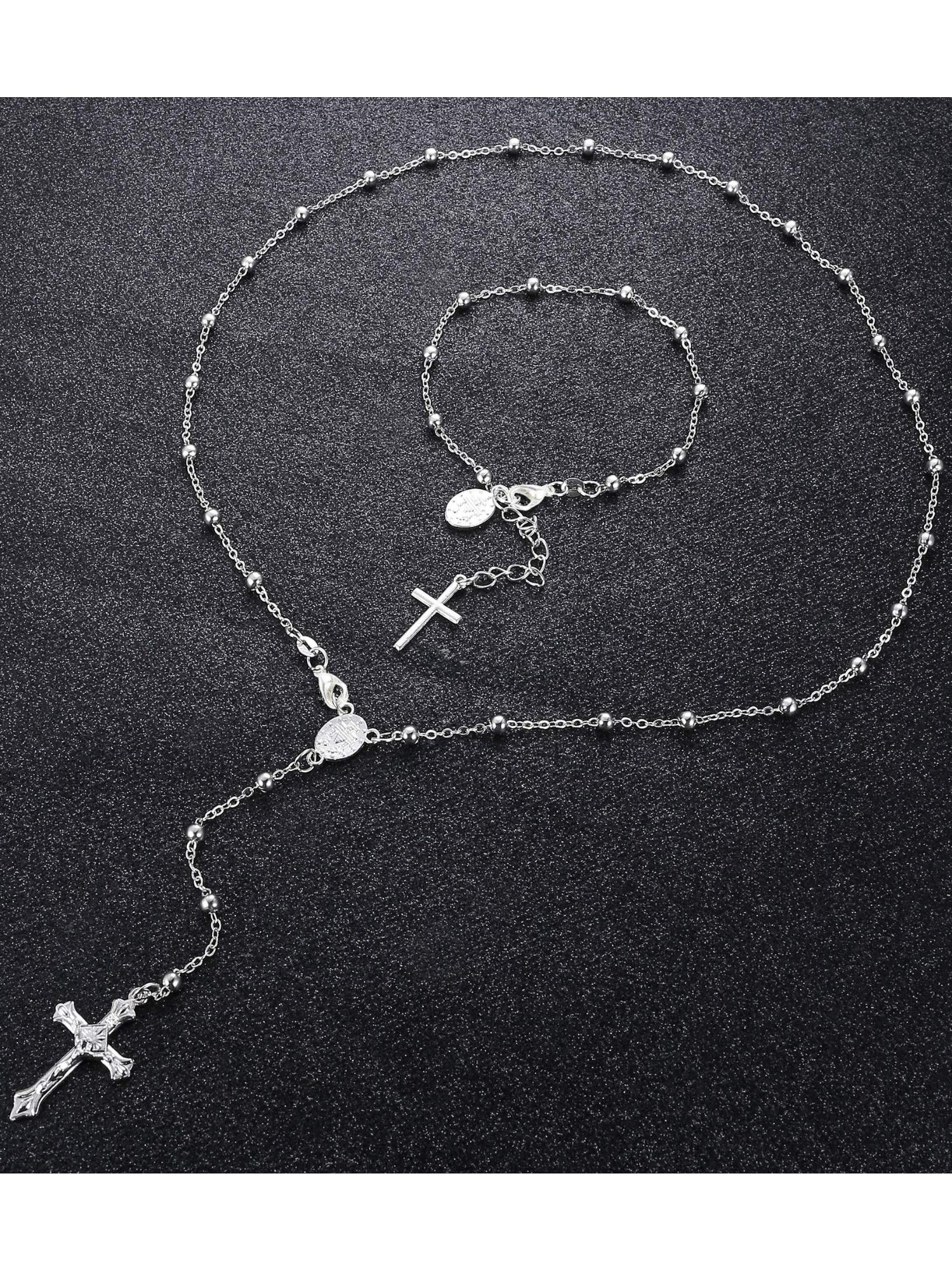 2 Pcs Silvery Unique Catholic Rosary Devotional Set for Women Men Elegant Rosary Necklace Bracelet with Miraculous Medal Cross Sacred Jewelry Gift for Baptism Confirmation Faithful Loved Ones