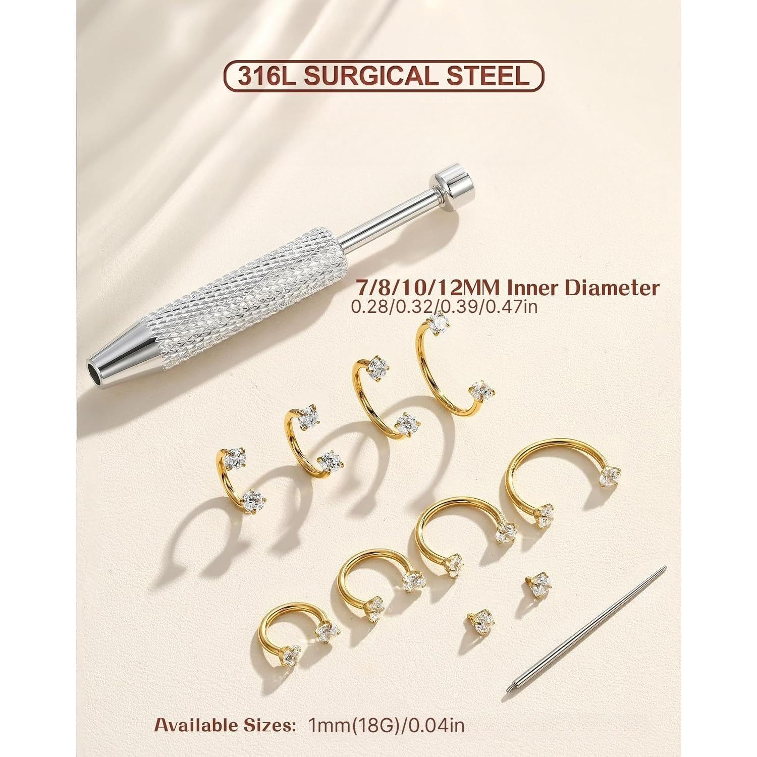 8Pcs Hypoallergenic Steel Horseshoe Septum for Men Women, 7/8/10/12mm 18G Gold Silver Hoops, Body Piercing Jewelry, multi-use cartilage tragus daith lip piercing jewelry, great for daily wear, parties, festivals & holiday birthday gifts