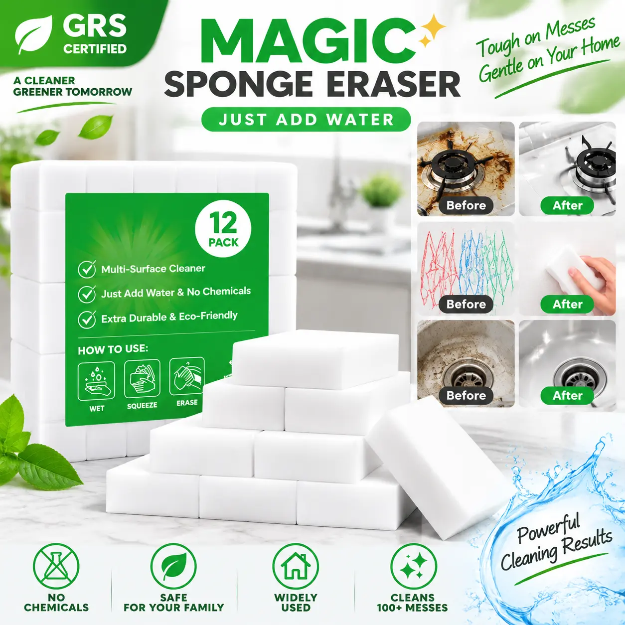 12 Pack Magic Eraser Cleaning Sponges, Melamine Sponge Erasers for Kitchen, Bathroom & Home Cleaning, Multi-Surface Stain Remover Pads, Just Add Water No Chemicals Needed, Removes Dirt, Marks & Grime Easily