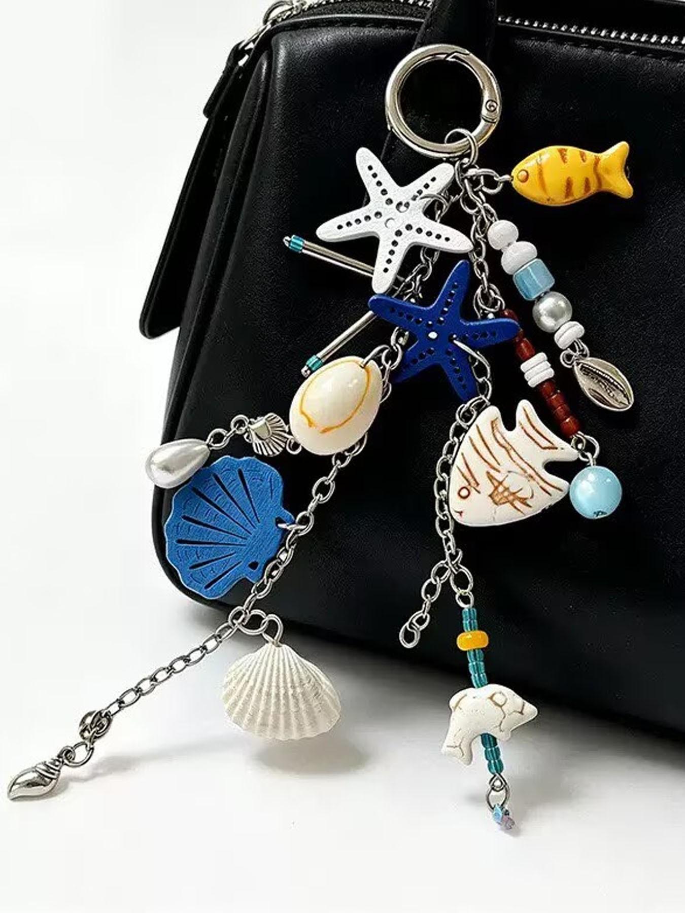 1pc New Starfish Keychain, Ocean Style Multi-Charm Keychain, Starfish Shell Fish-Shaped Beaded Combination, Full of Atmosphere, Versatile And Practical, Niche High-End Vacation Style Bag Charm, Ocean Series Ornaments