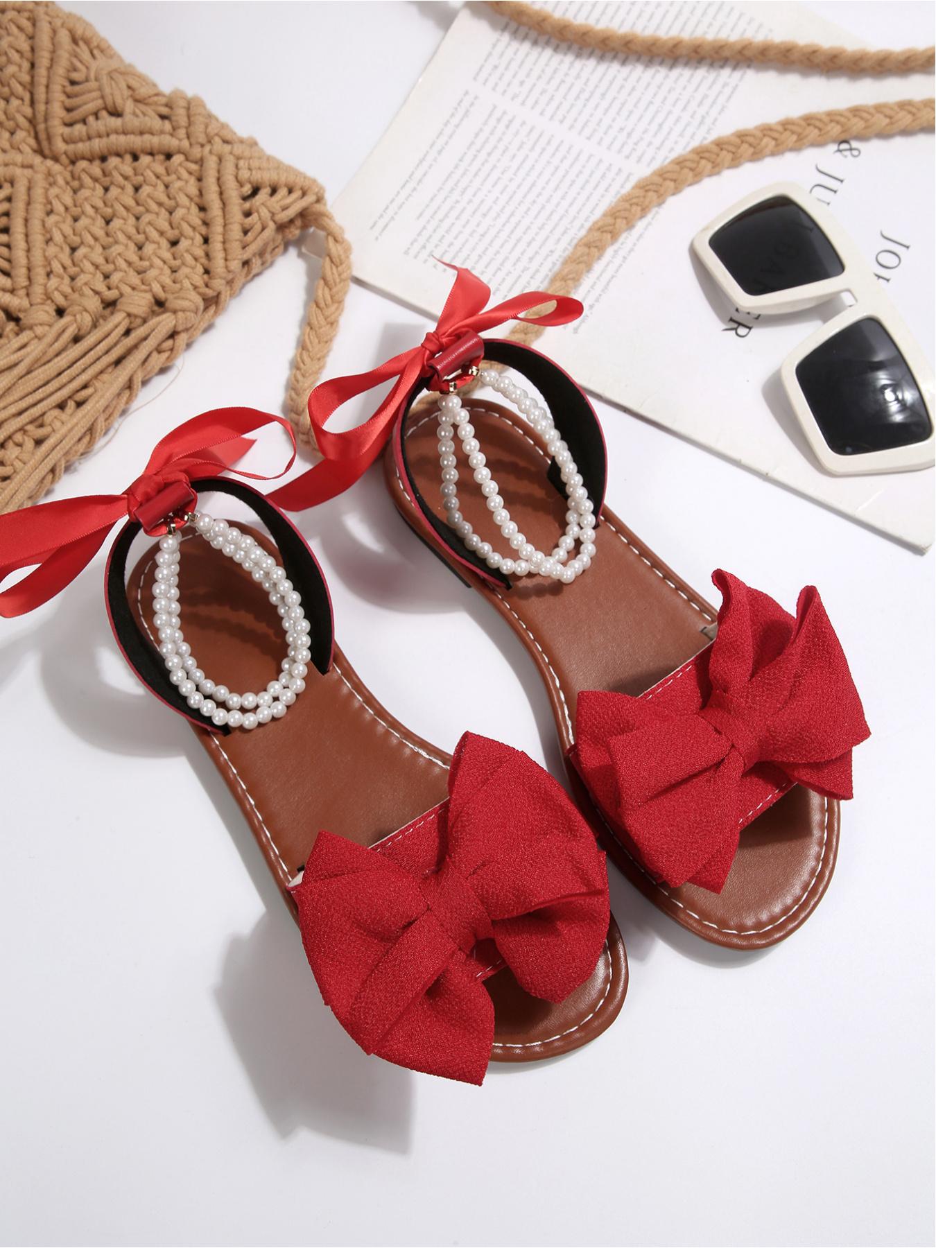 Women's Bow Decor Pearl Ankle Strap Flat Sandals, Open Toe Lace Up Bohemian Beach Shoes, Sizes 36-43 Multiple Colors