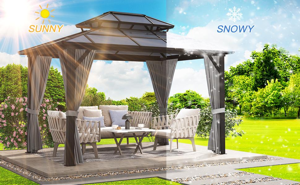 Garvee 10'x12' Hardtop Gazebo, Outdoor Polycarbonate Double Roof Canopy, Aluminum Frame Permanent Pavilion with Curtains and Netting, Sunshade for Garden, Patio, Lawns (Gray)
