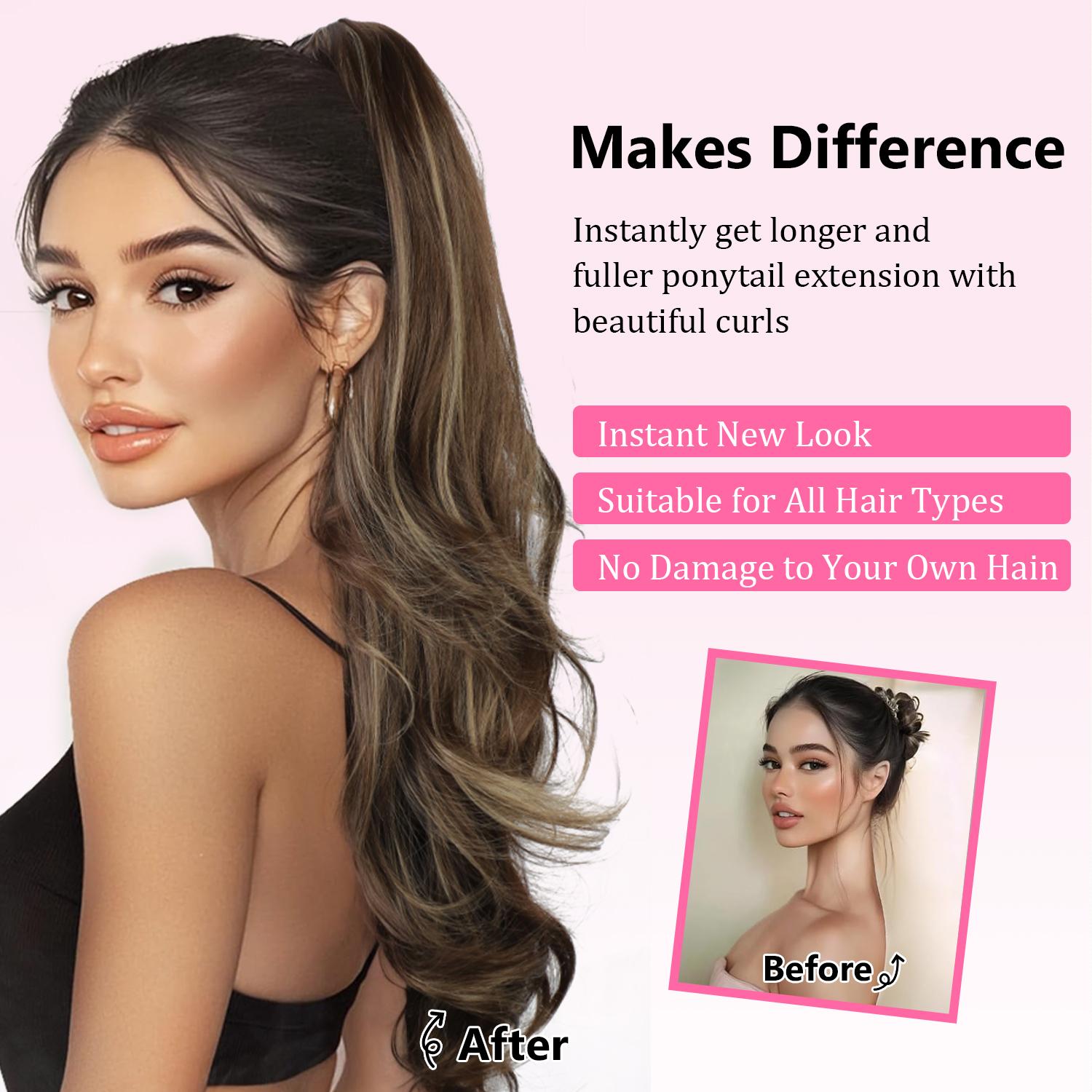 Ponytail Extension, Claw Clip Ponytail Extension for Women 26Inch Long Wavy Brown Pony Tails Hair Extensions Synthetic Clip in Ponytail Hairpiece for Women(Blonde & Medium Brown)